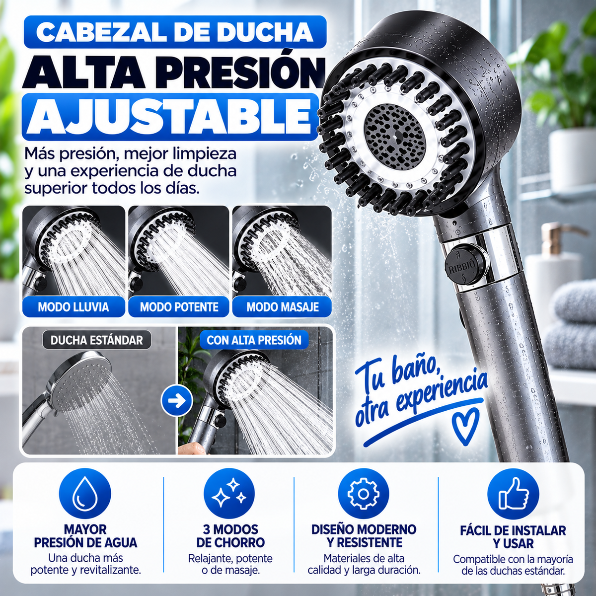 AquaPower™ – Cabezal de Ducha Ajustable 3 en 1