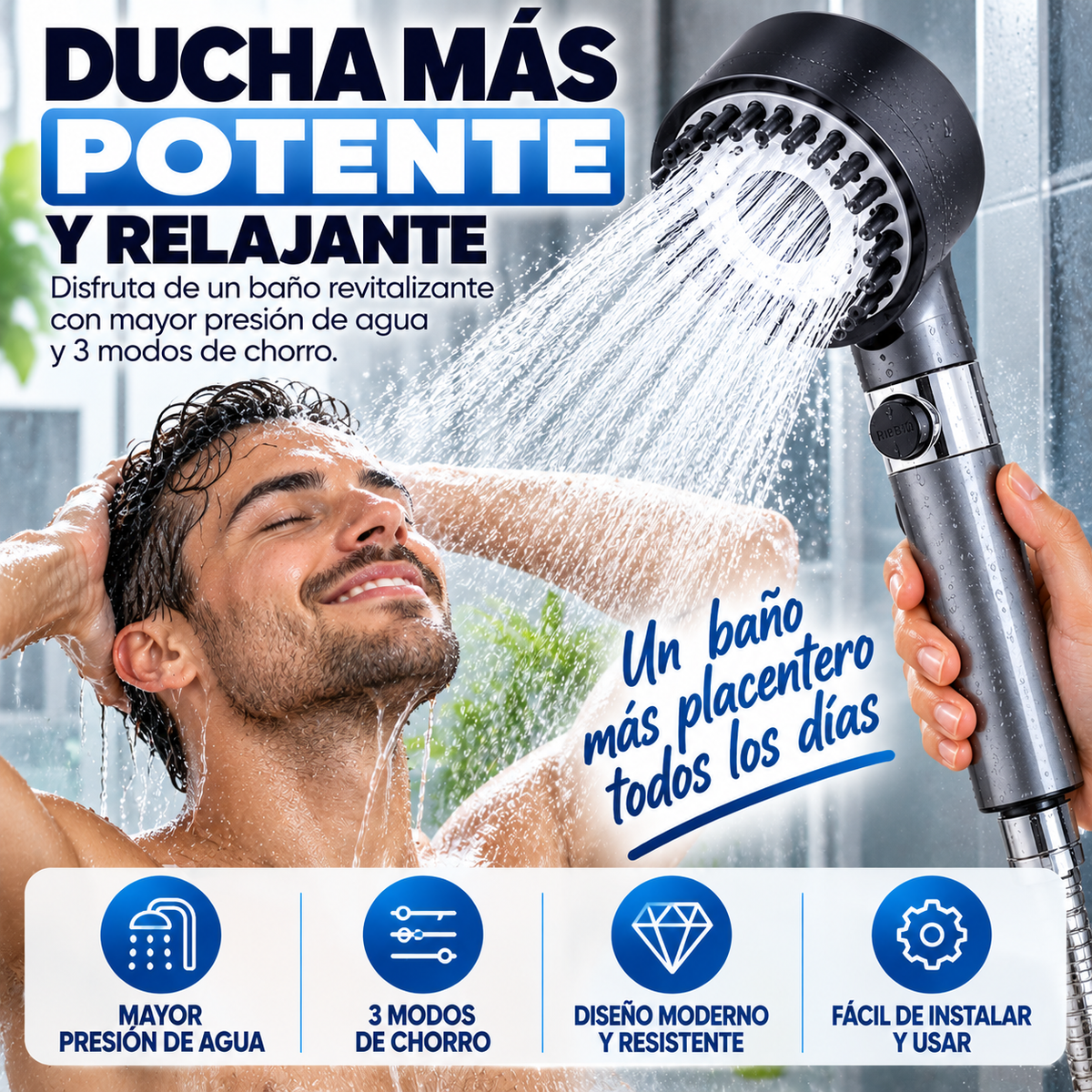 AquaPower™ – Cabezal de Ducha Ajustable 3 en 1