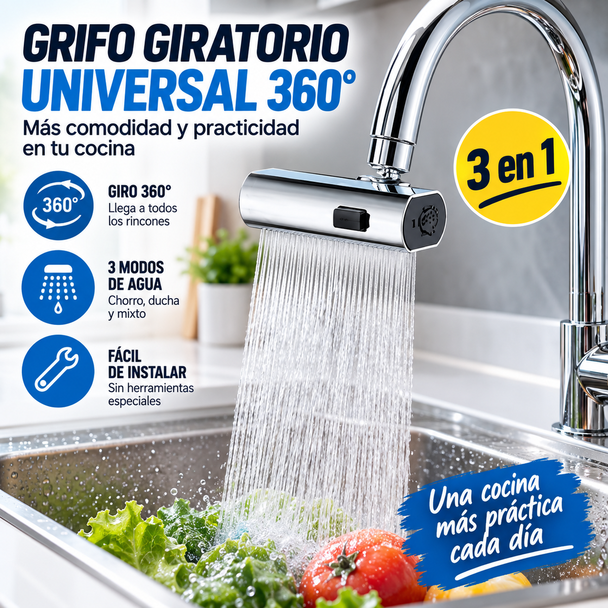 AquaFlex 360™ – Grifo Giratorio Multifunción 3 en 1