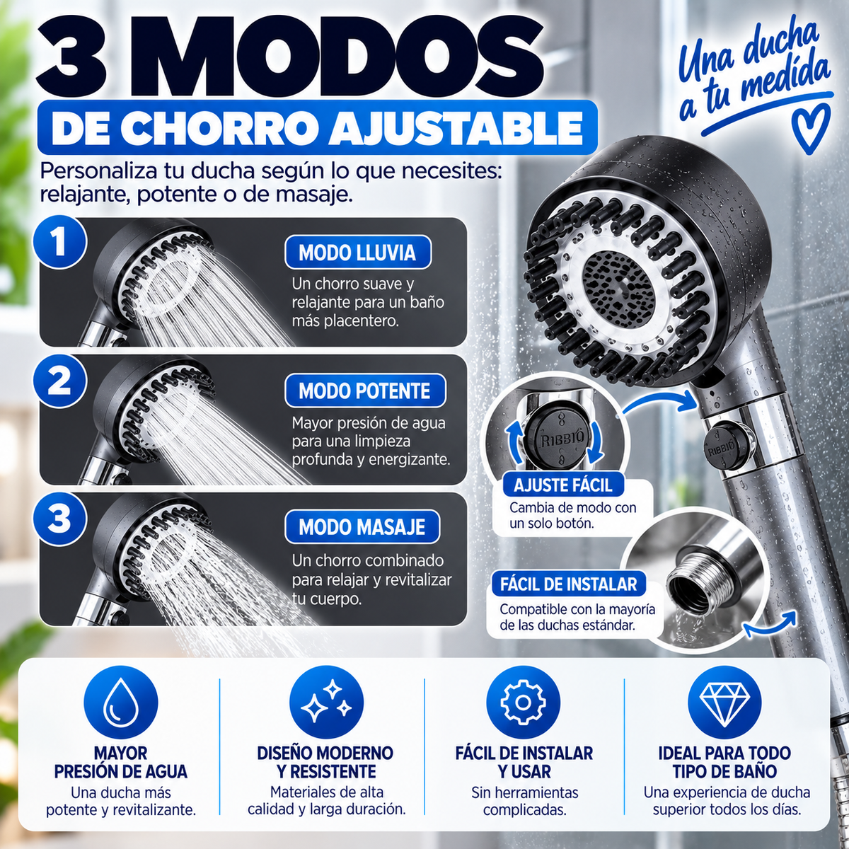 AquaPower™ – Cabezal de Ducha Ajustable 3 en 1