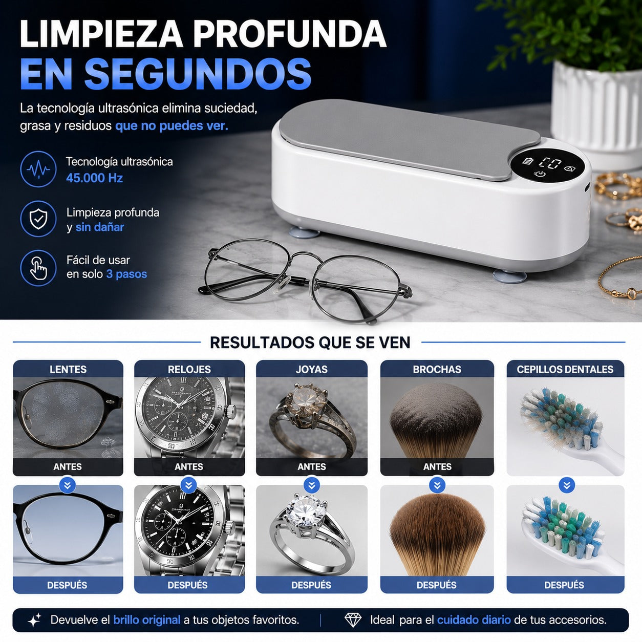 Limpiador Ultrasónico de Joyas, Relojes y Lentes