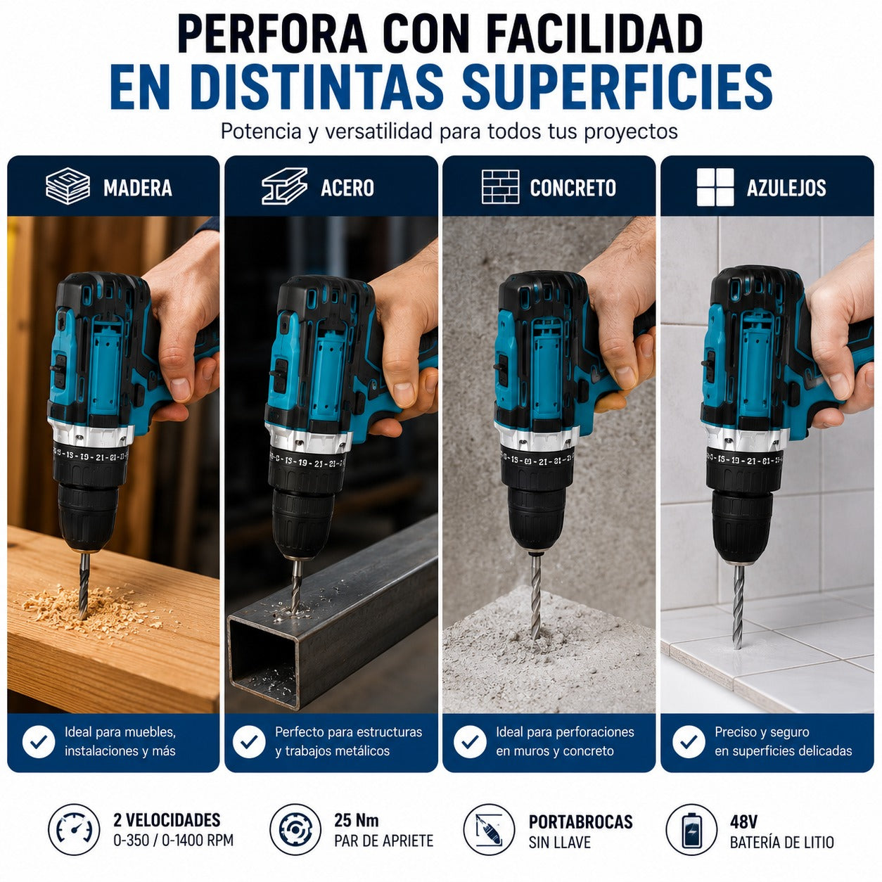 Taladro  Inalambrico con 2 Baterías