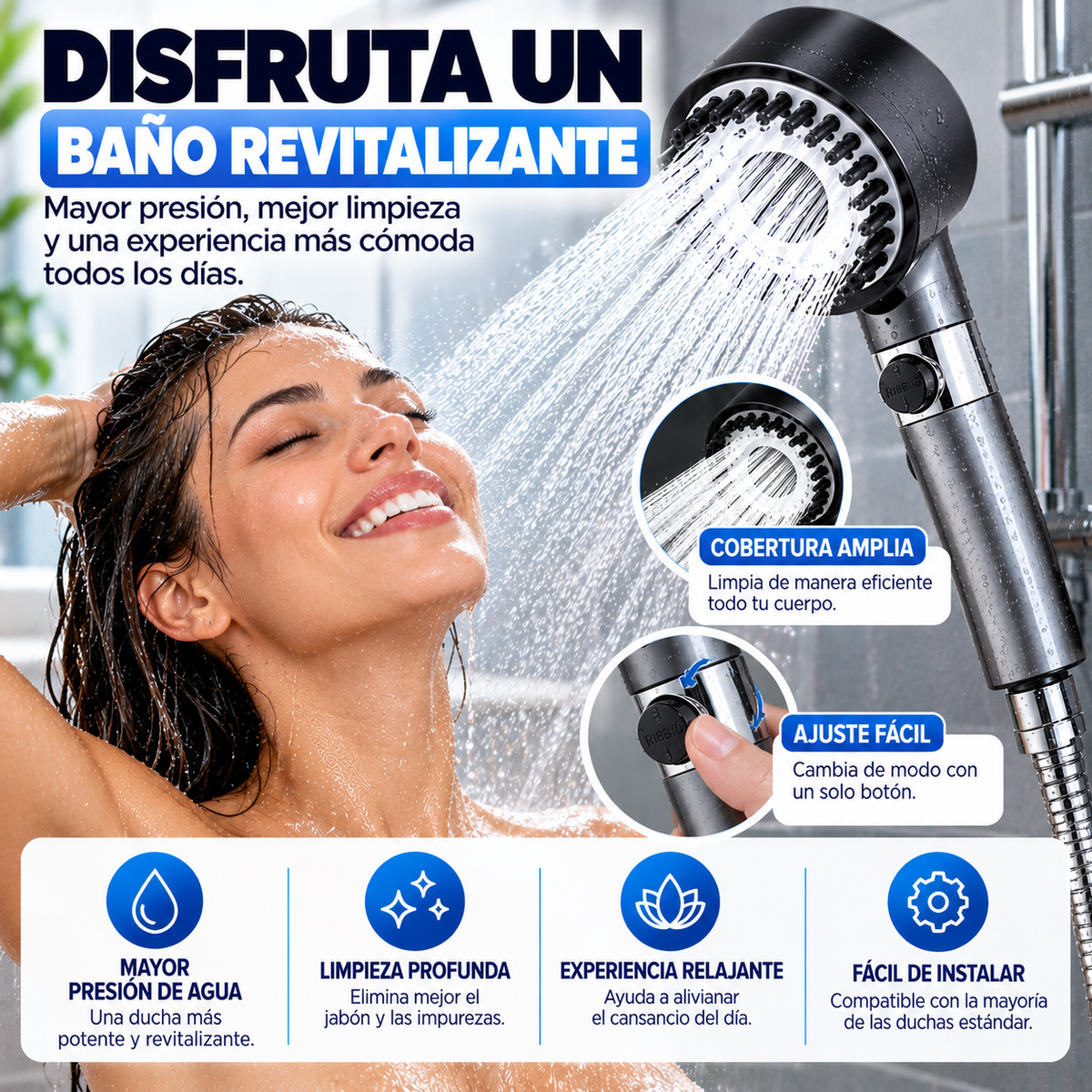 AquaPower™ – Cabezal de Ducha Ajustable 3 en 1