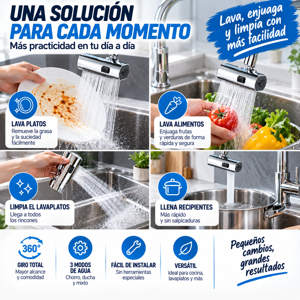 AquaFlex 360™ – Grifo Giratorio Multifunción 3 en 1