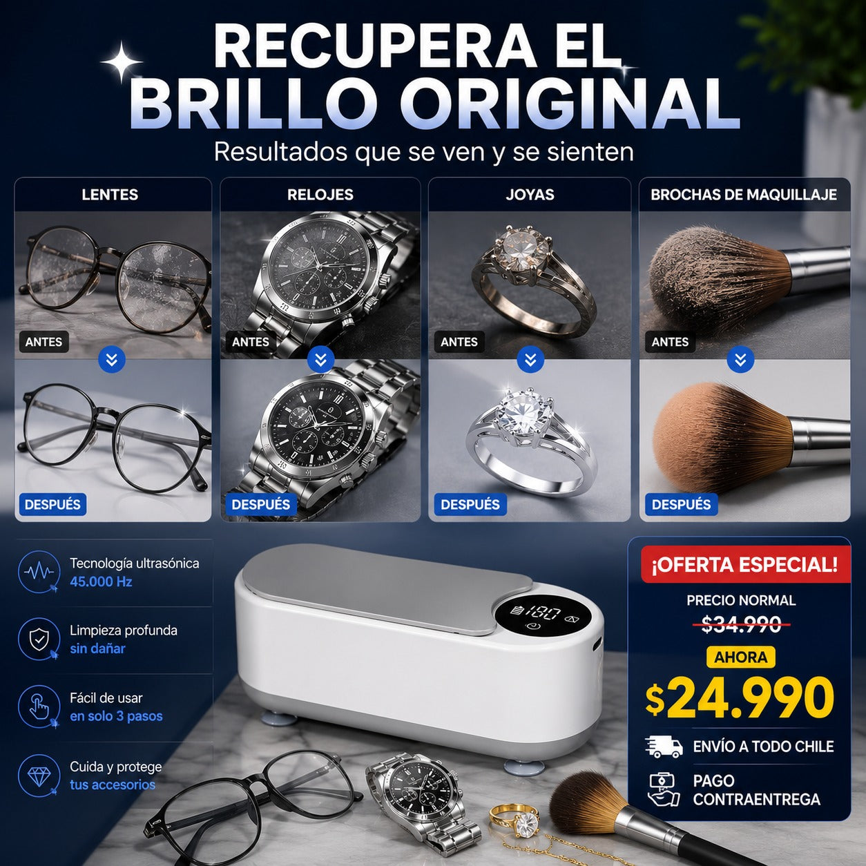 Limpiador Ultrasónico de Joyas, Relojes y Lentes