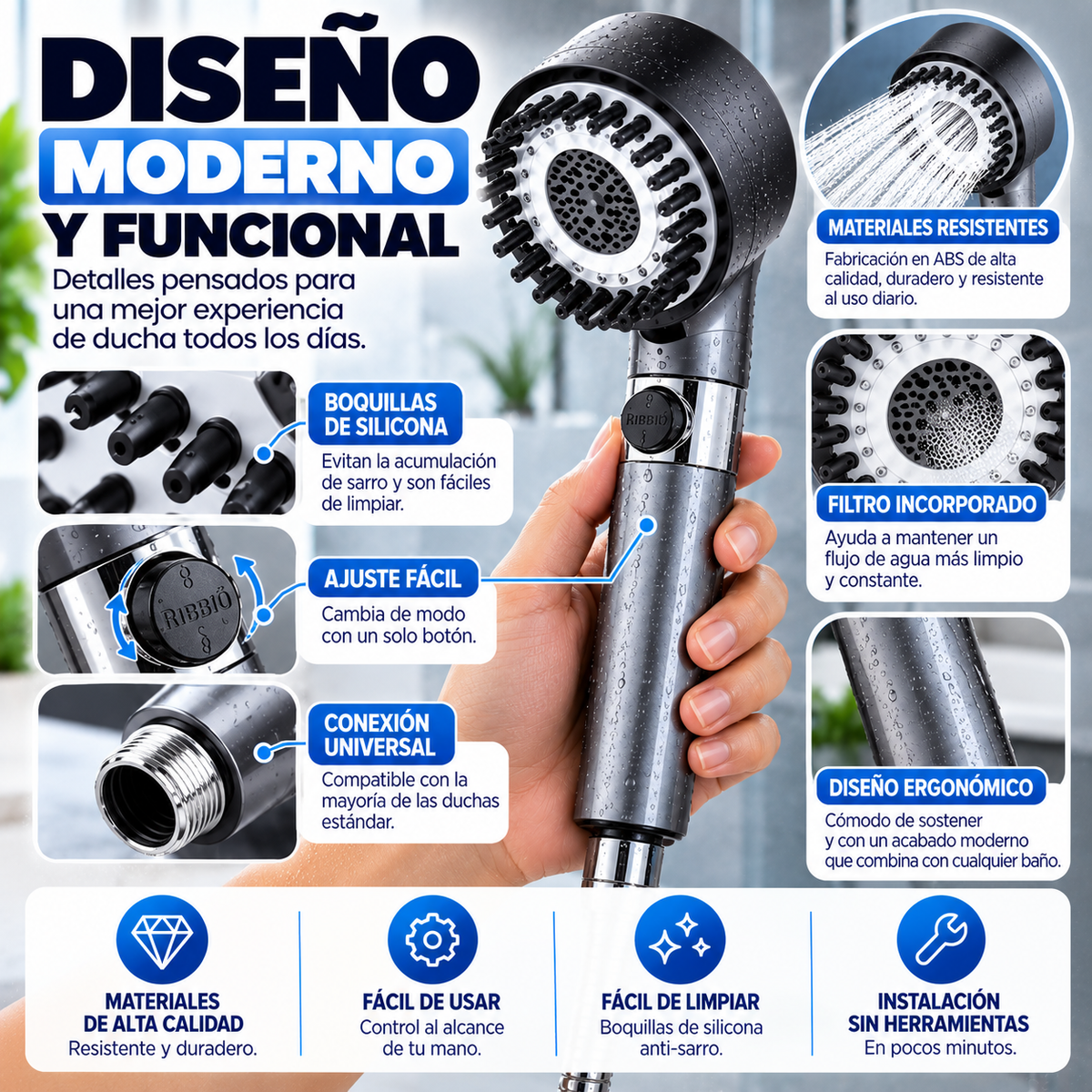 AquaPower™ – Cabezal de Ducha Ajustable 3 en 1