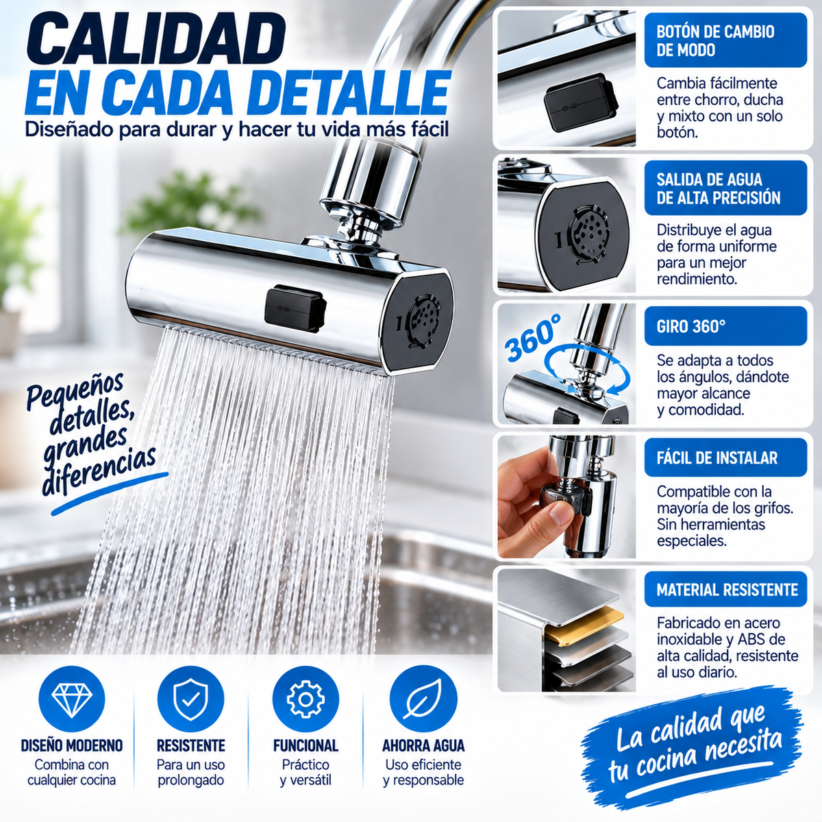AquaFlex 360™ – Grifo Giratorio Multifunción 3 en 1