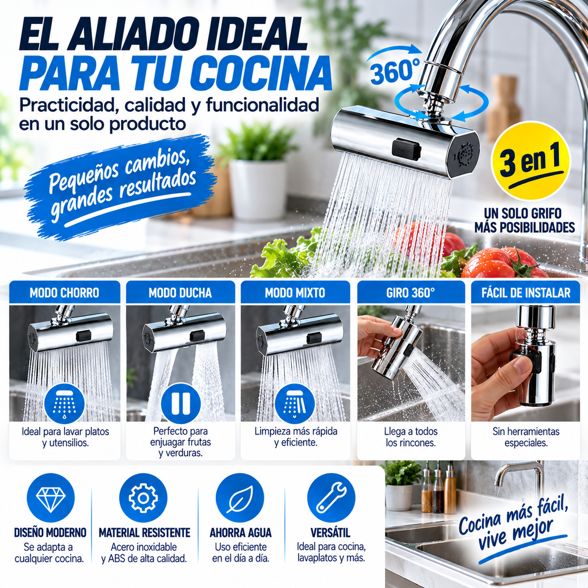 AquaFlex 360™ – Grifo Giratorio Multifunción 3 en 1